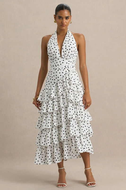 Alouro White – Polka Dot Ruffle Skirt Midi Dress