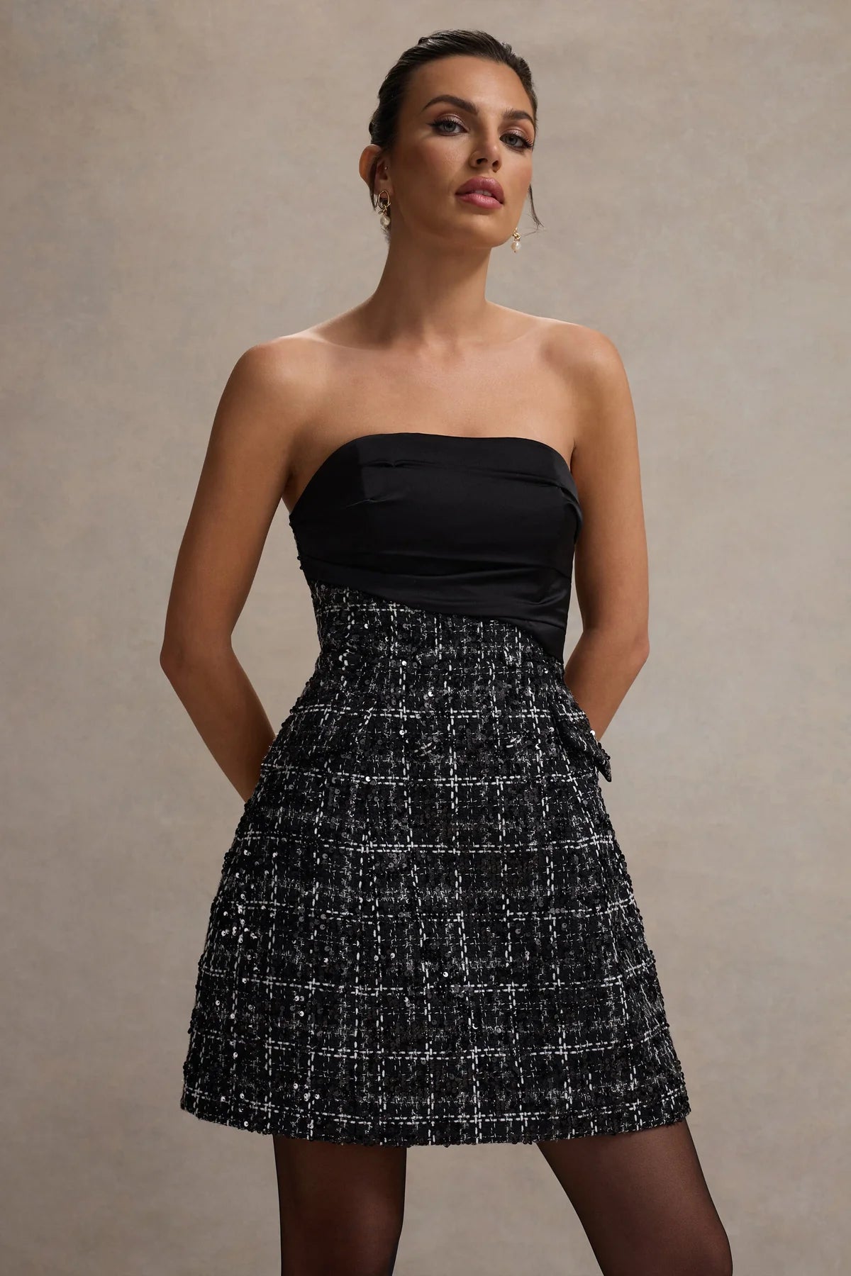 Alouro Black Boucle Strapless Tailored Mini Dress