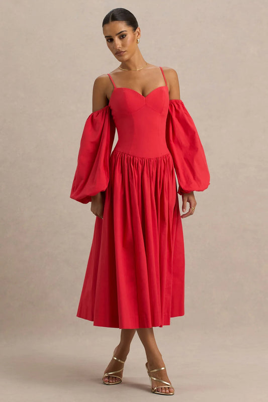 Alouro Red Sweetheart – Balloon Sleeves Midi Dress