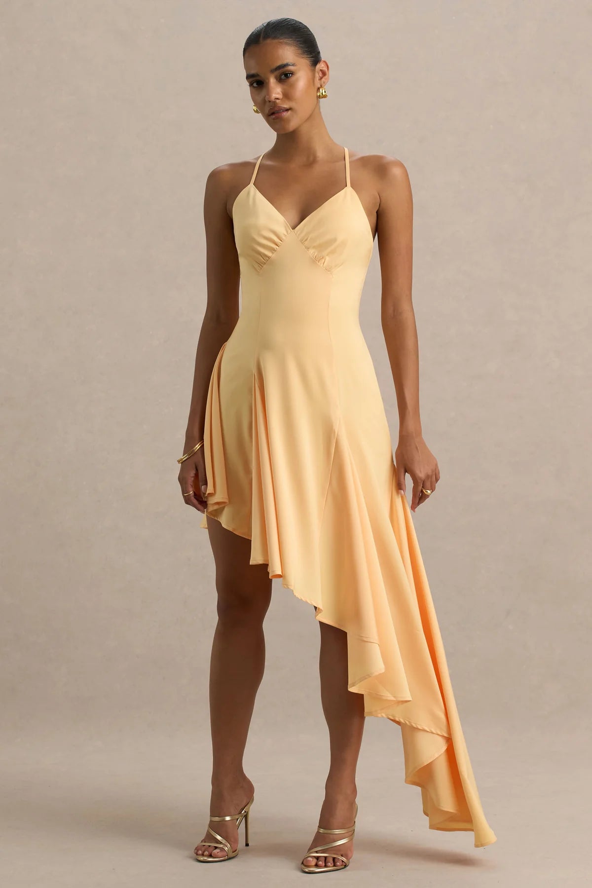 Alouro Peach Satin Hem Plunge-Neck Maxi Dress