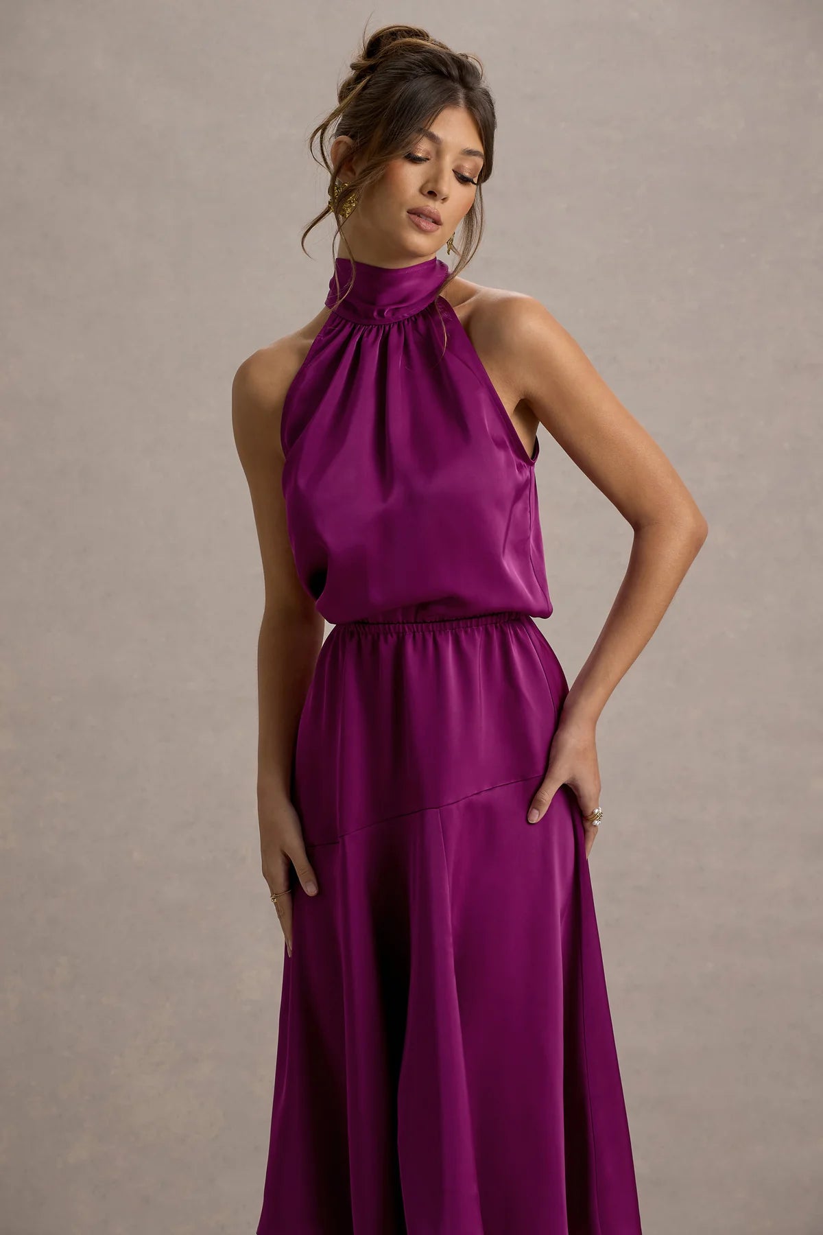 Alouro Dark Pink Satin High-Neck Midi Dress