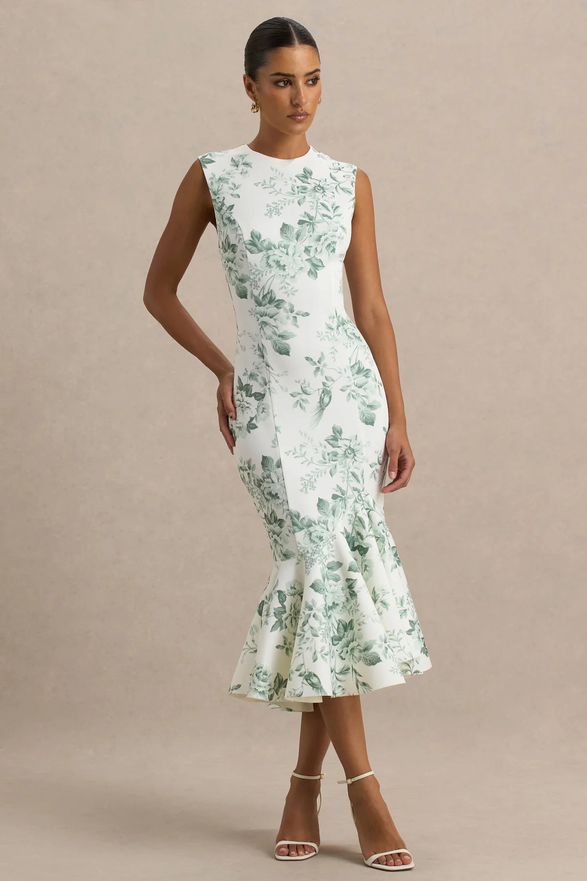 Alouro White – Green Floral High-Neck Midi Dress