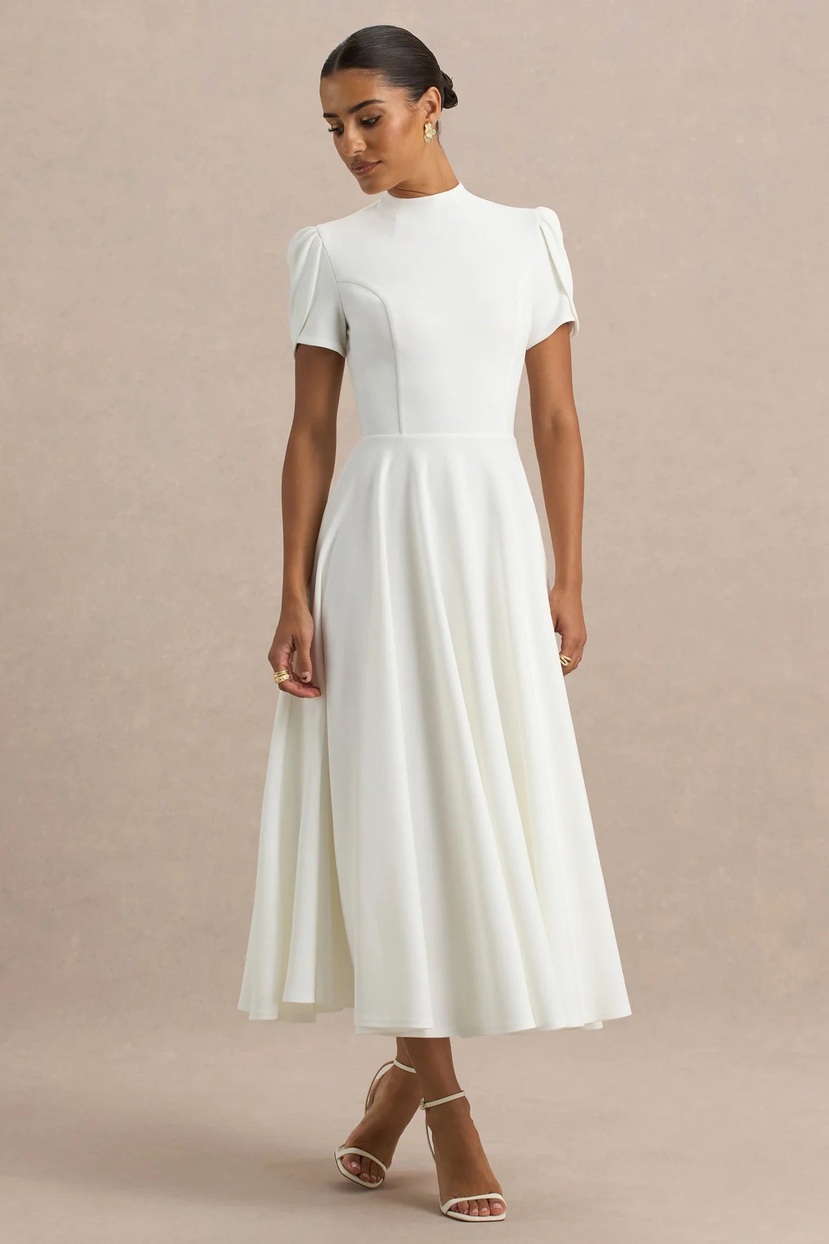 Alouro White High Neck Midi Dress With Puff Sleeves