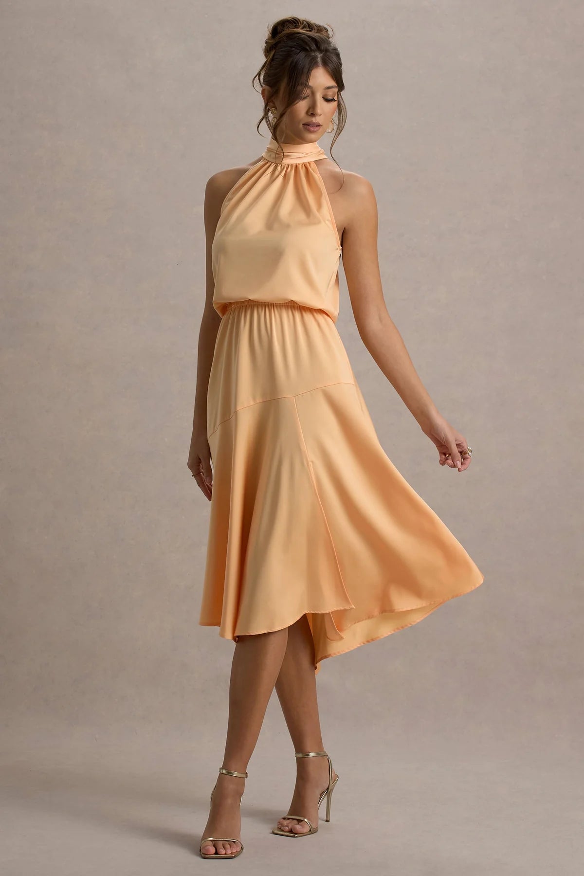 Alouro Peach Satin High-Neck Midi Dress
