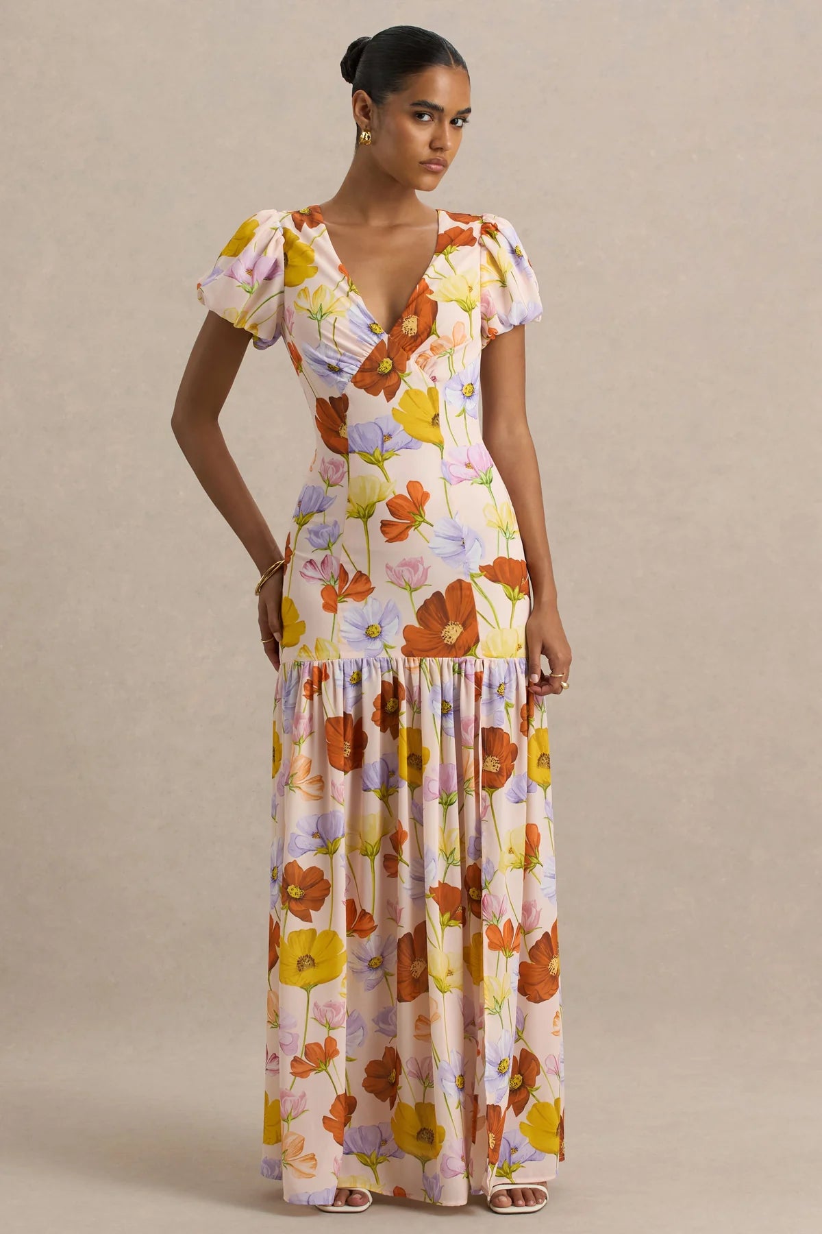 Alouro Bright Floral Puff-Sleeve Split Maxi Dress