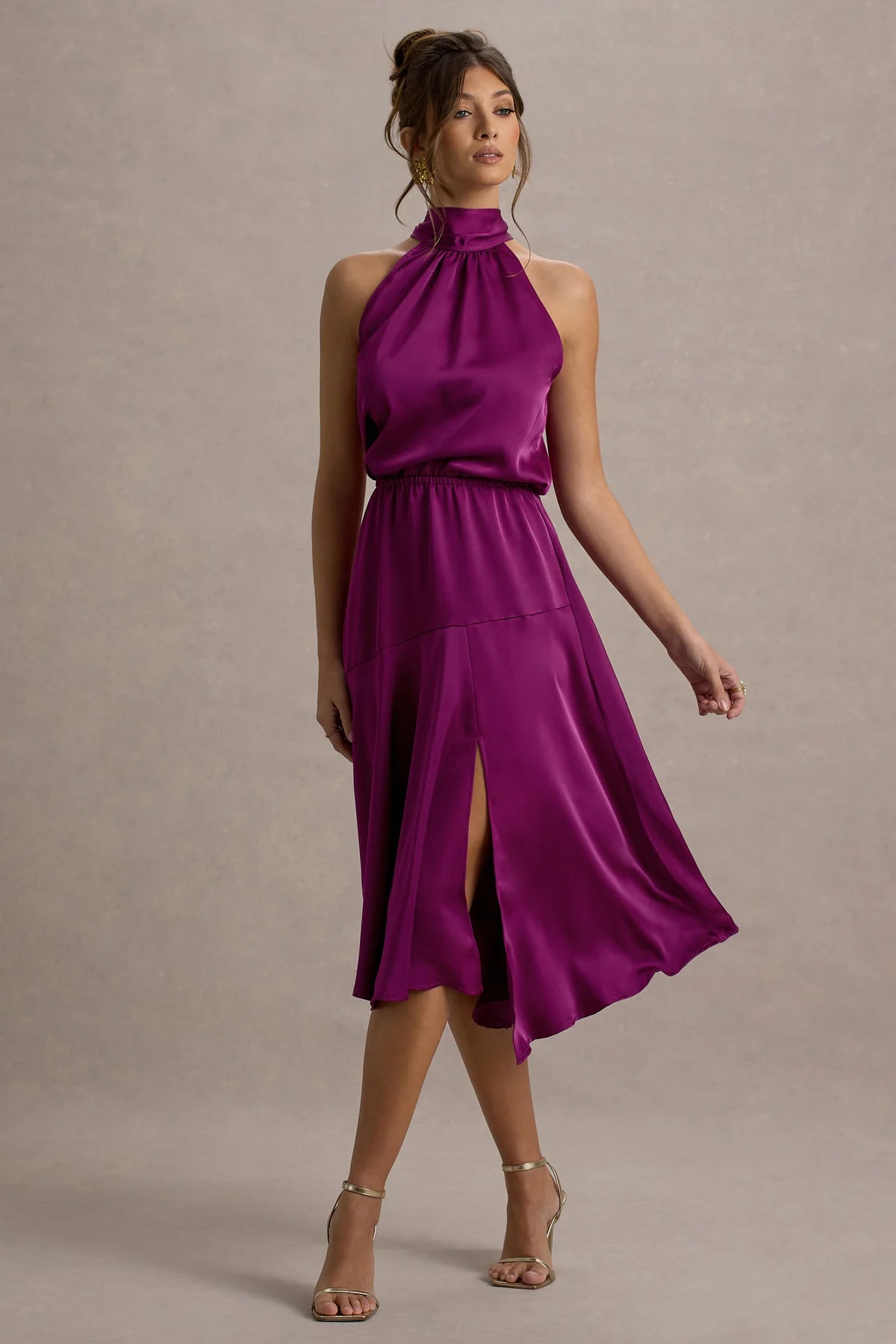 Alouro Dark Pink Satin High-Neck Midi Dress