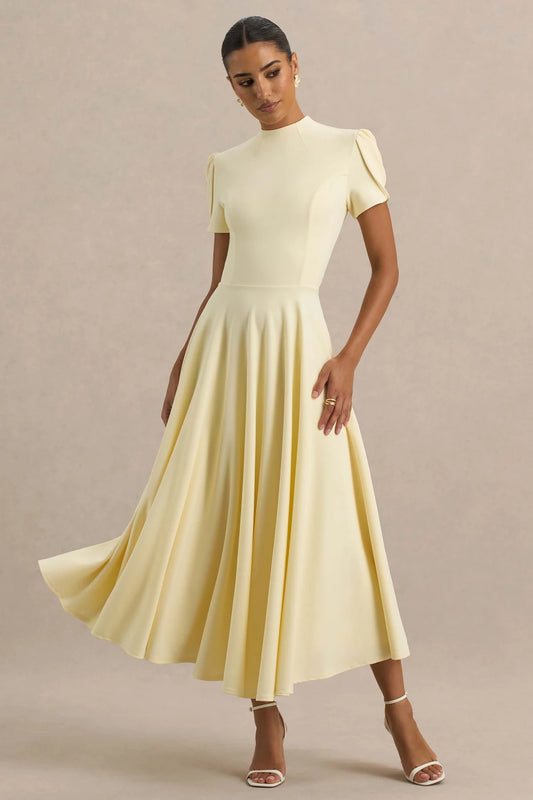 Alouro Lemon High Neck Midi Dress With Puff Sleeves