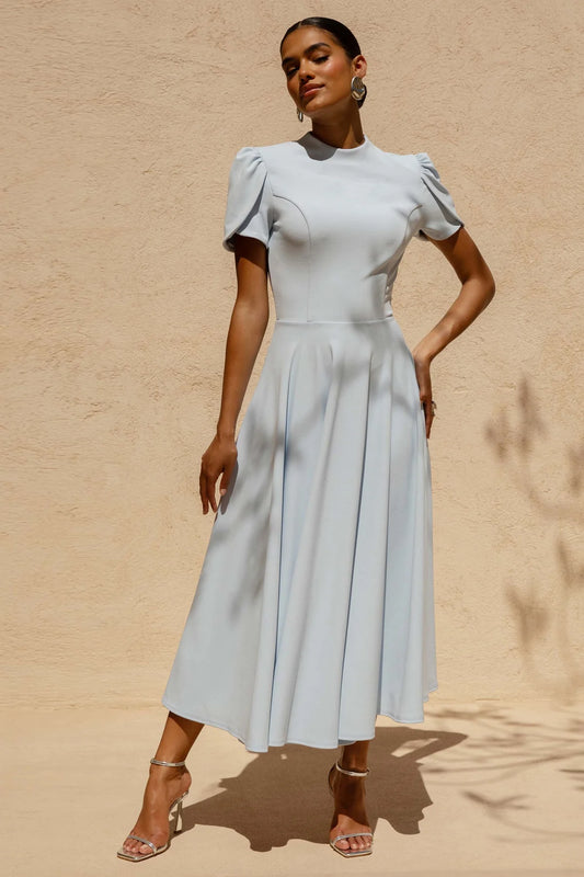 Alouro Powder Blue High Neck Midi Dress With Puff Sleeves