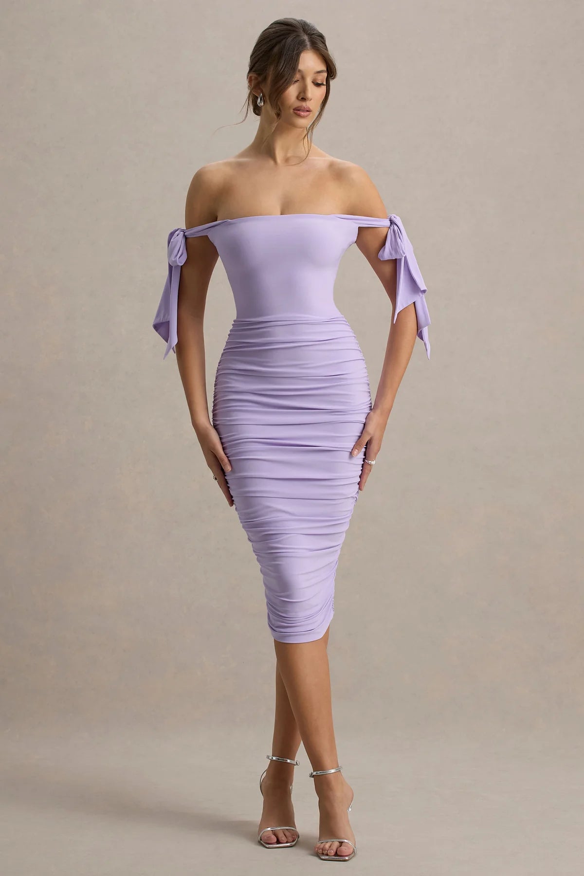 Alouro Lilac Bodycon Bow Sleeves Midi Dress