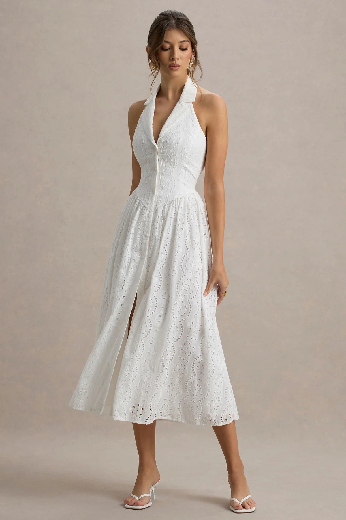 Alouro White Plunge-Neck Collared Midi Dress