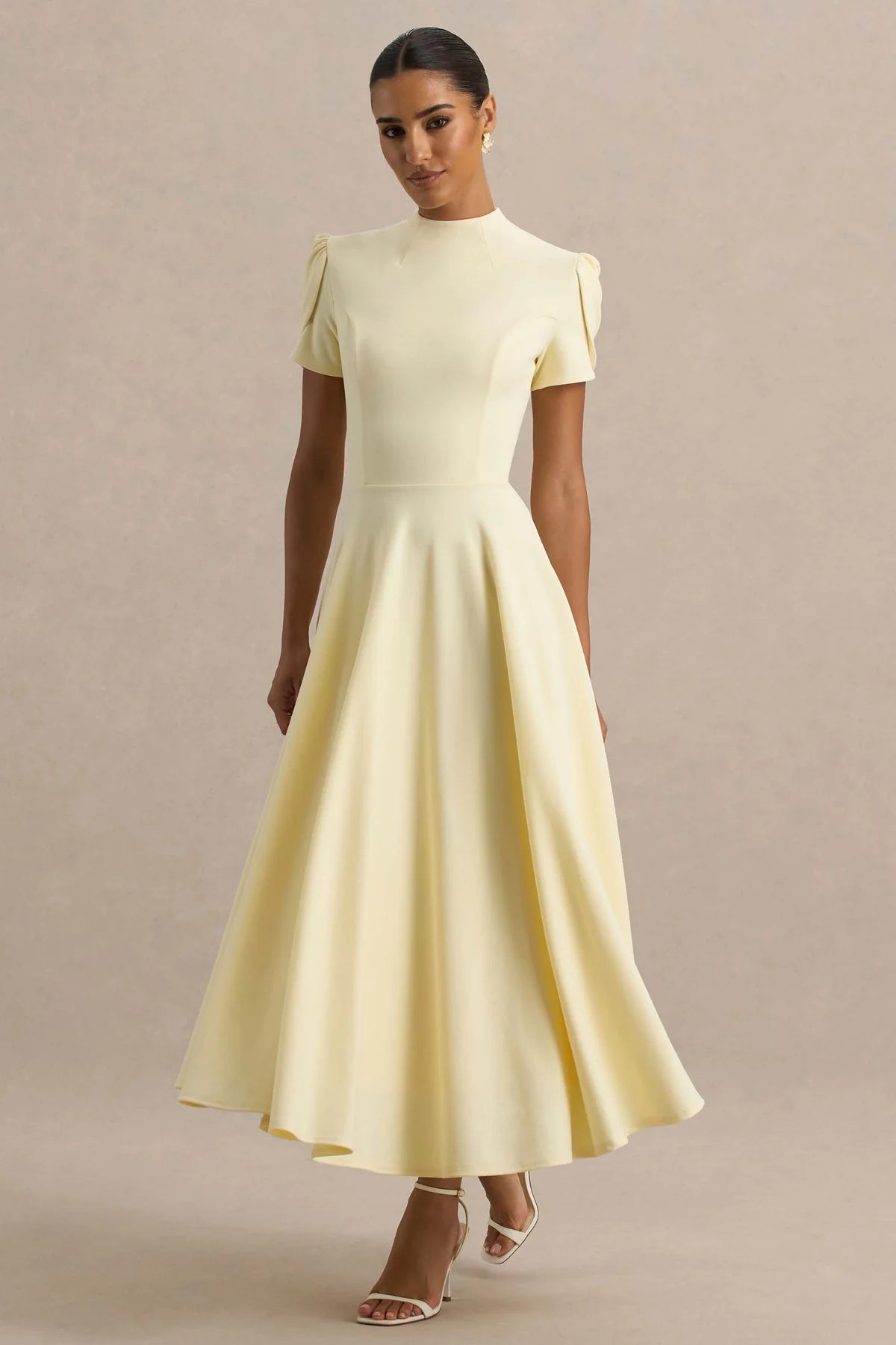 Alouro Lemon High Neck Midi Dress With Puff Sleeves