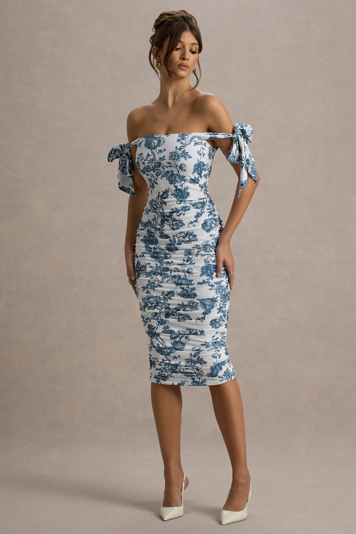 Alouro Blue Porcelain Bodycon Bow Sleeves Midi Dress