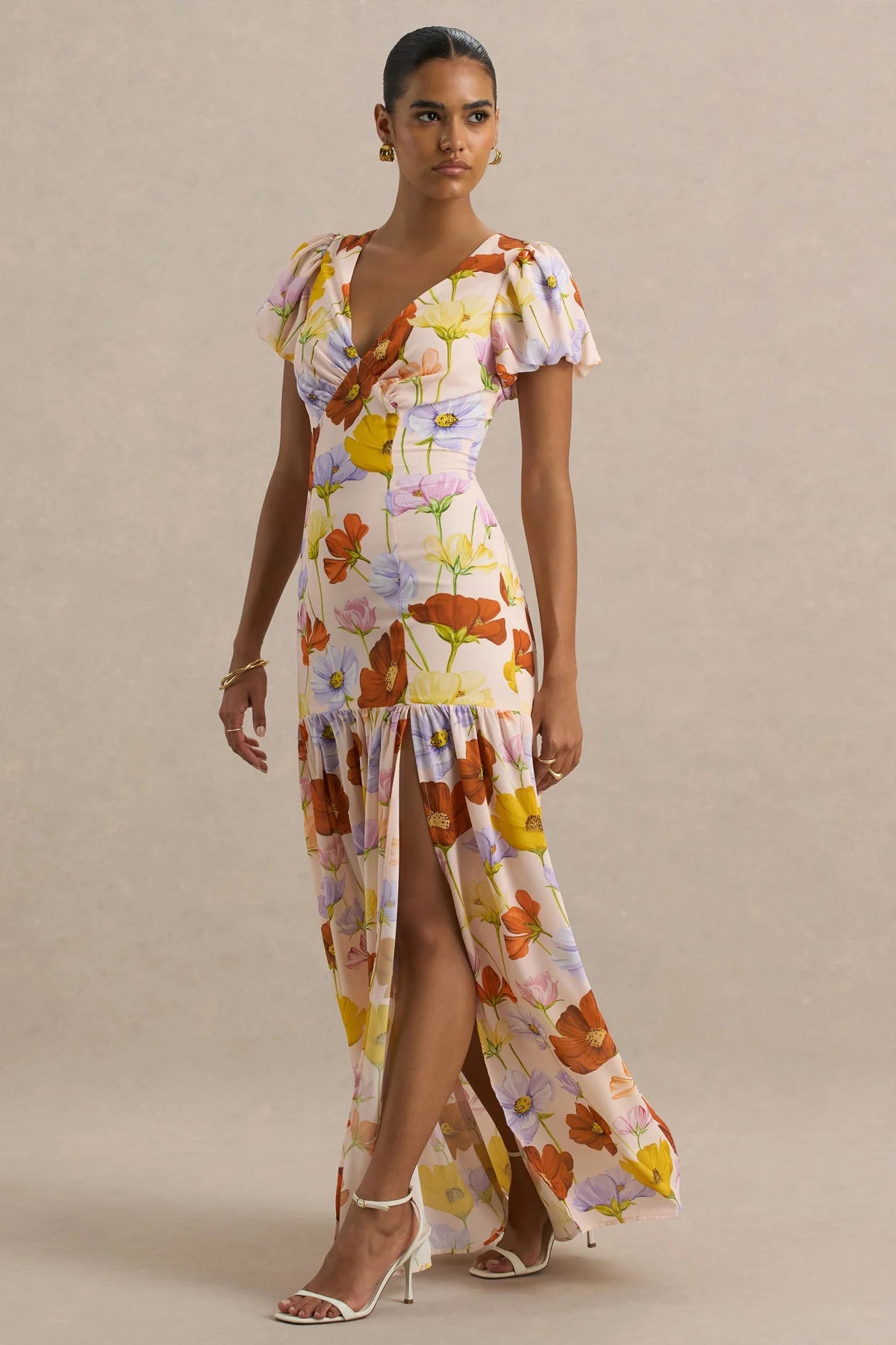 Alouro Bright Floral Puff-Sleeve Split Maxi Dress