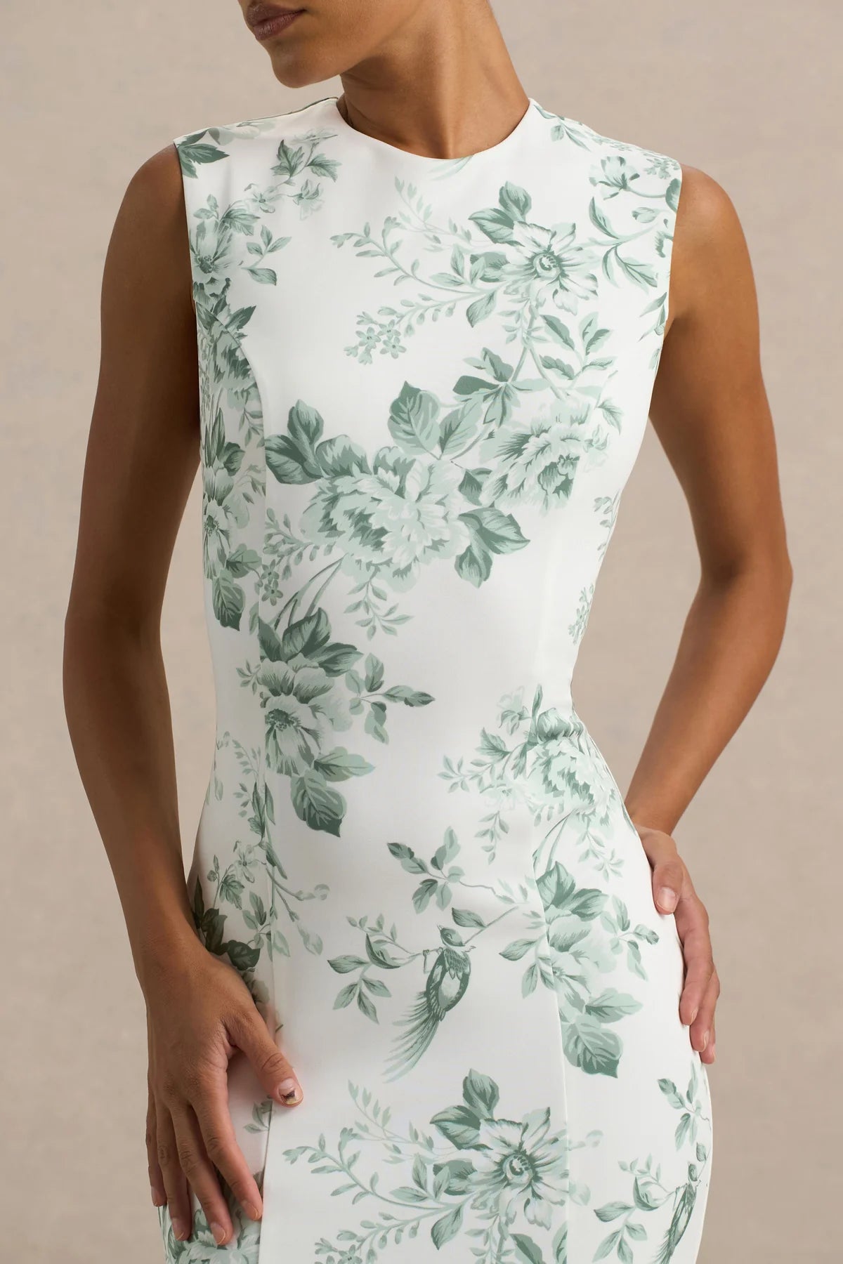 Alouro White – Green Floral High-Neck Midi Dress