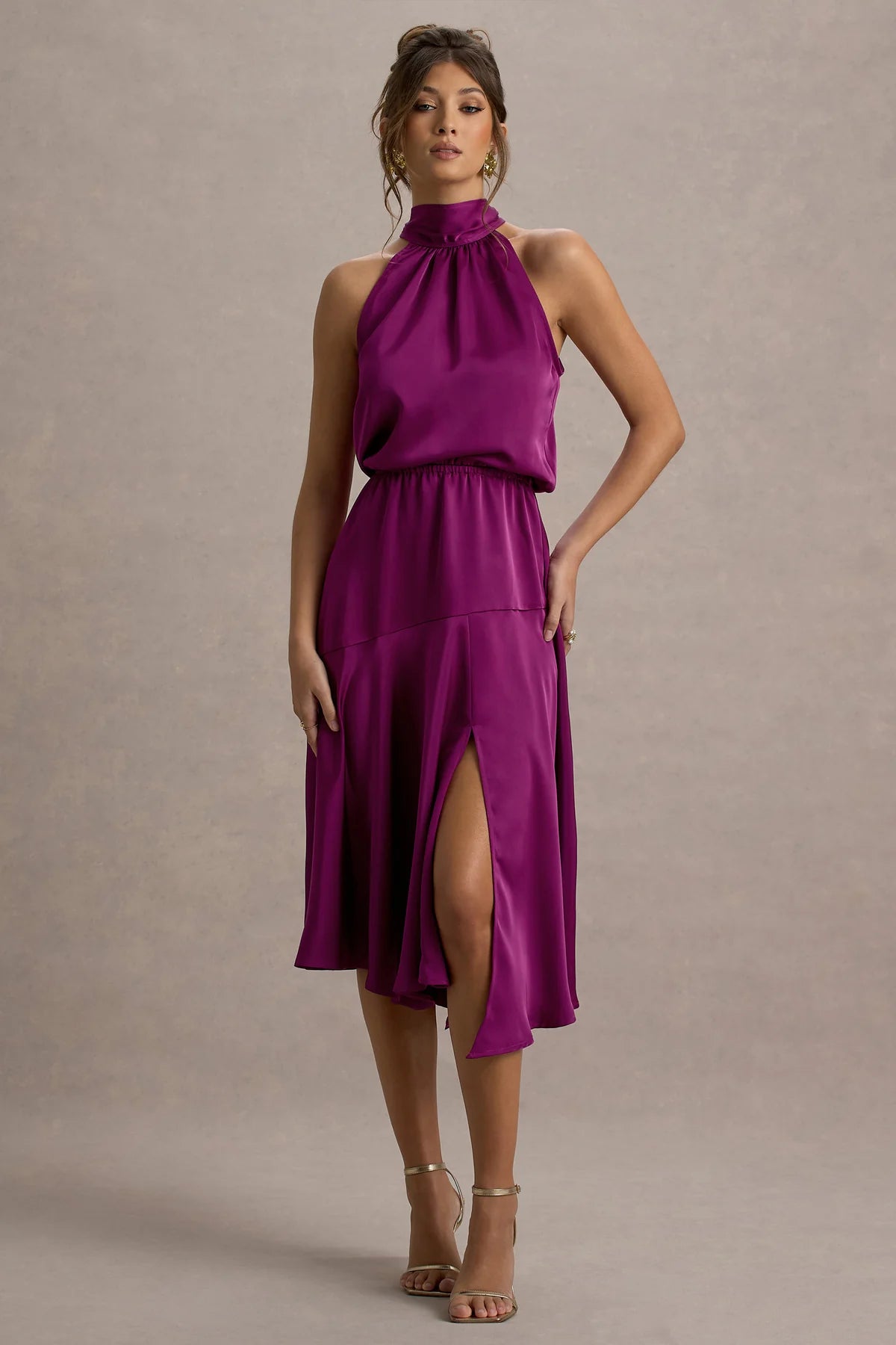 Alouro Dark Pink Satin High-Neck Midi Dress