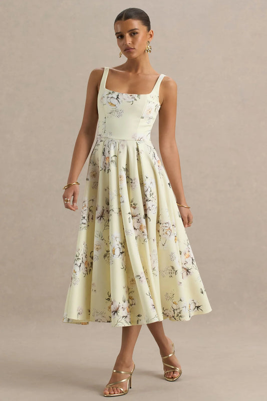 Alouro Lemon Floral Print Square-Neck Midi Dress