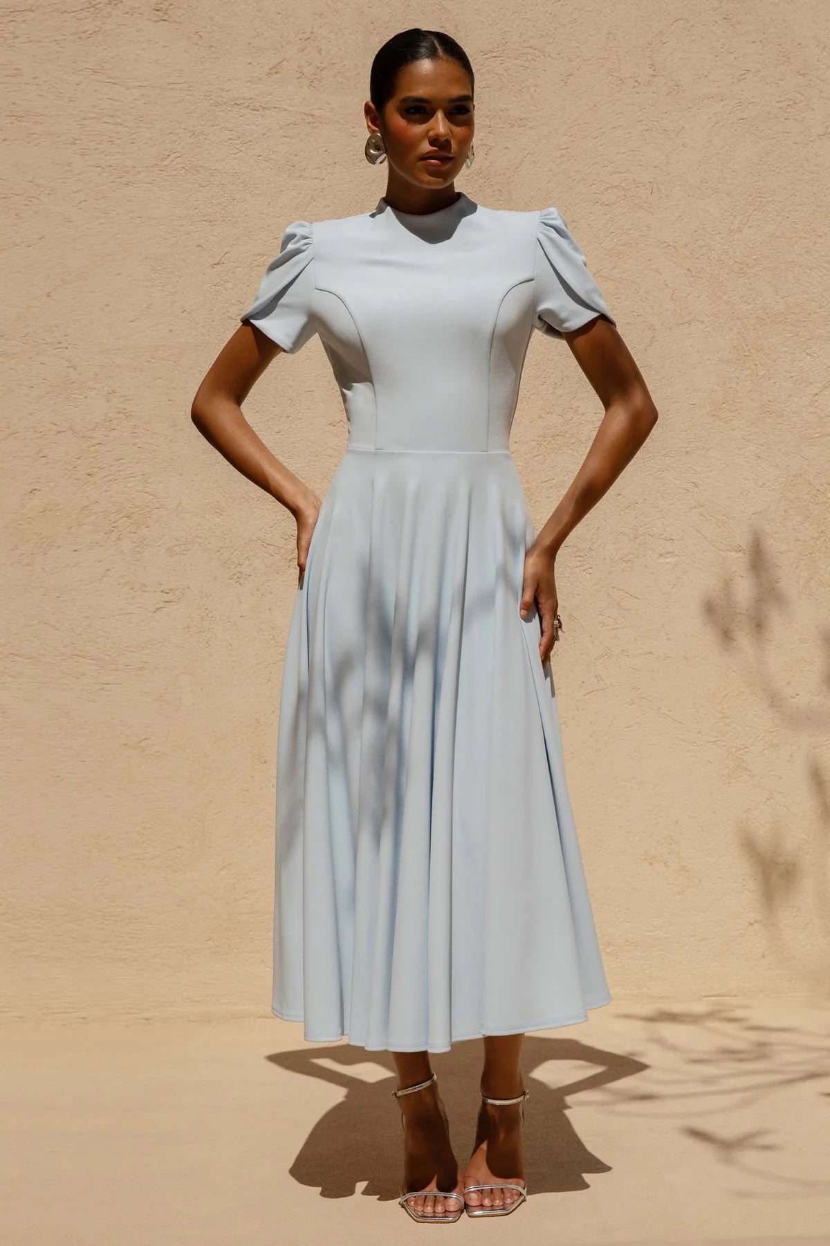 Alouro Powder Blue High Neck Midi Dress With Puff Sleeves
