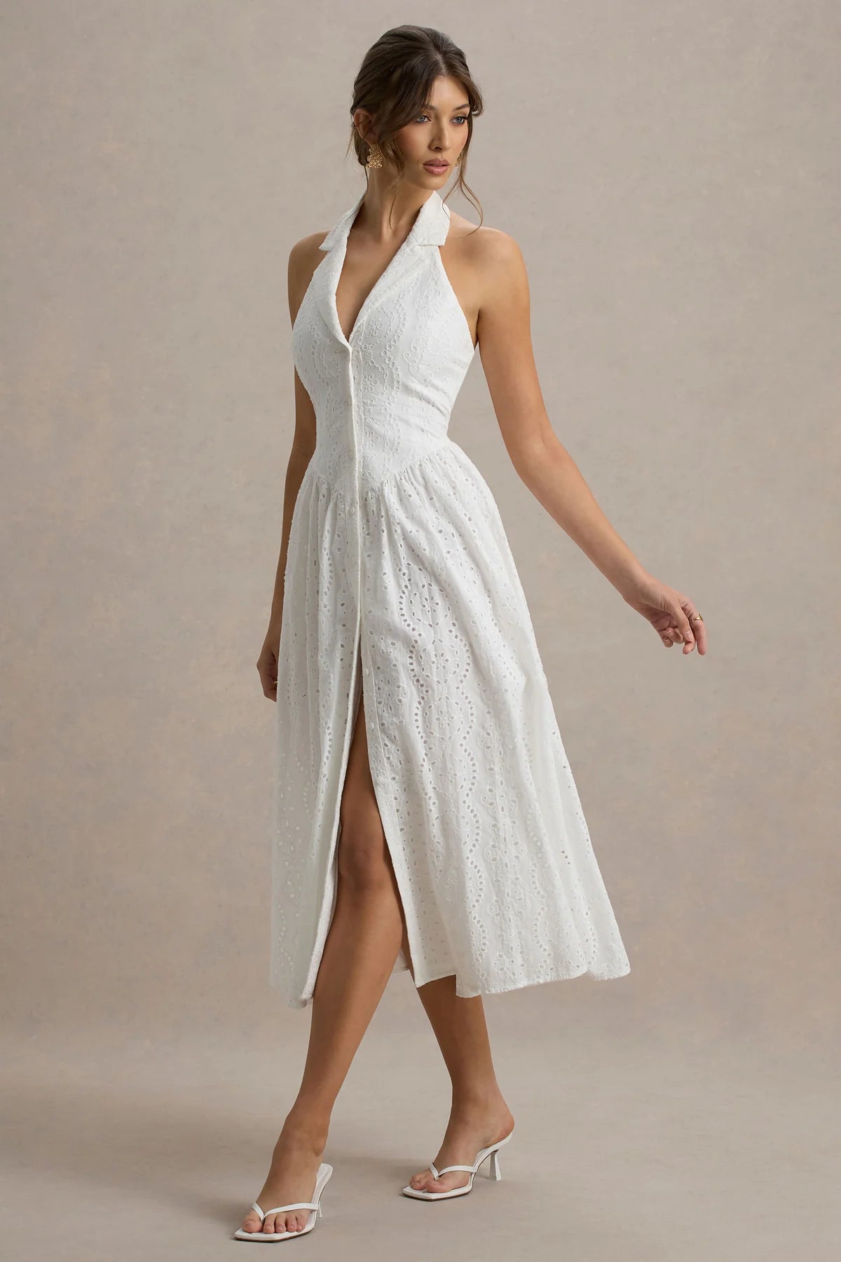 Alouro White Plunge-Neck Collared Midi Dress