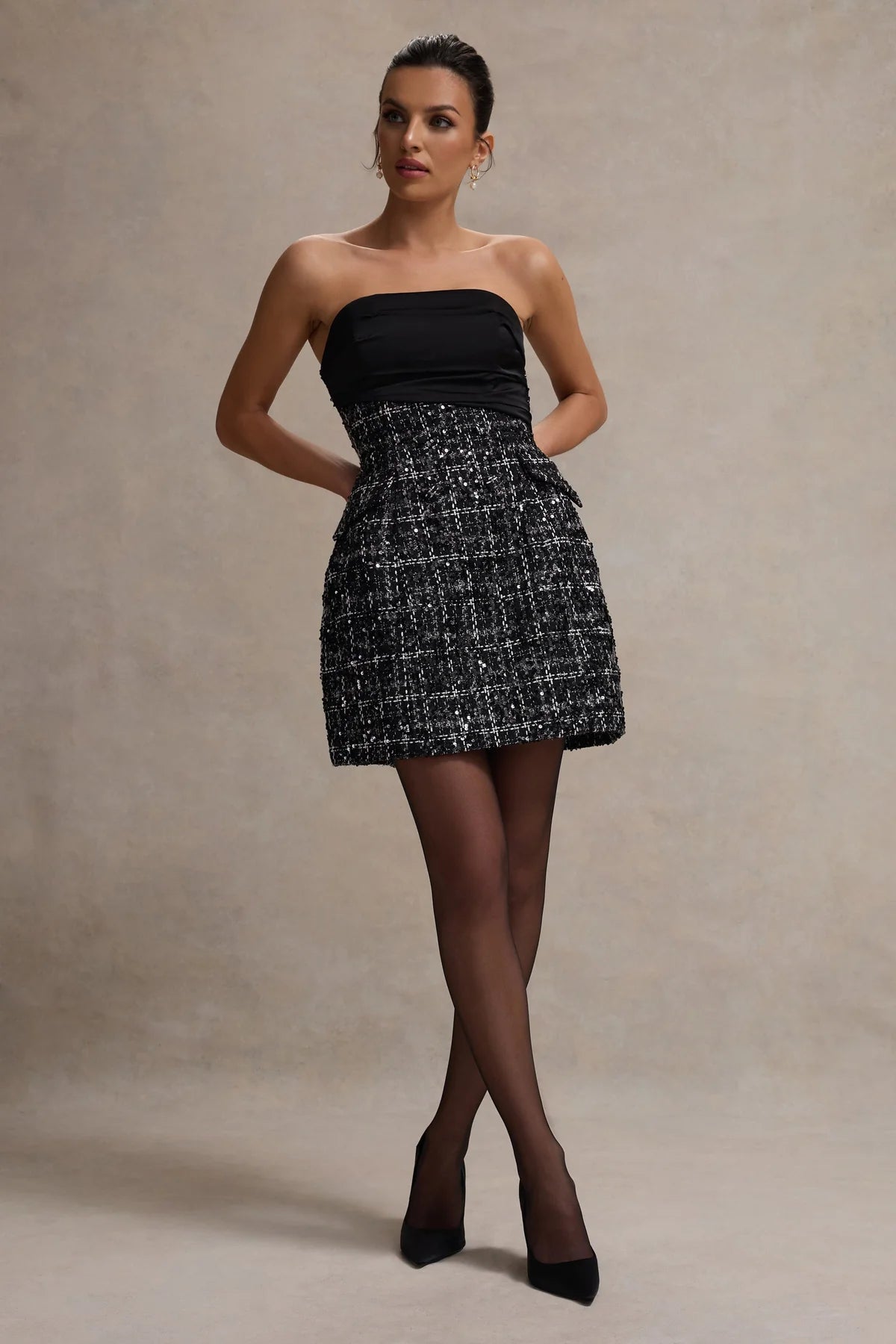 Alouro Black Boucle Strapless Tailored Mini Dress