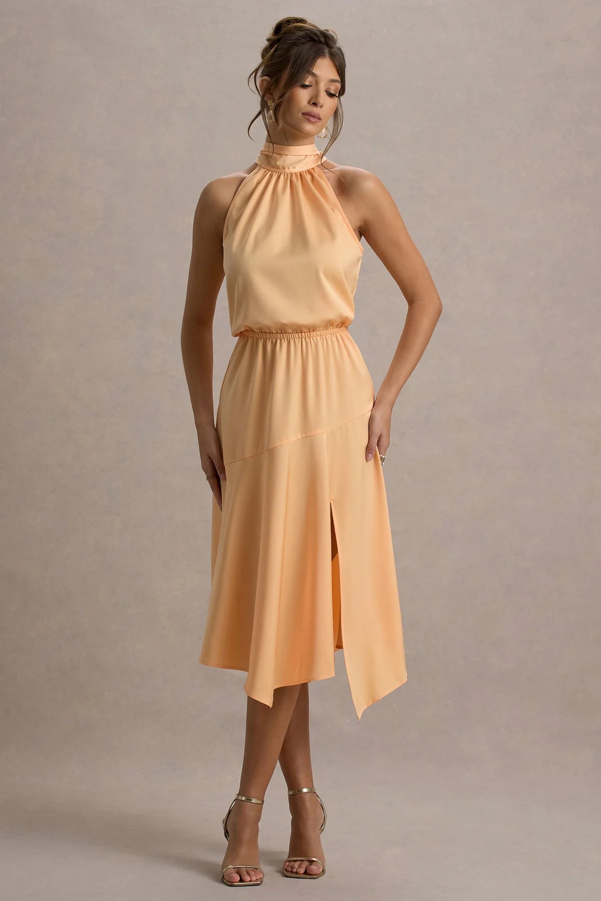 Alouro Peach Satin High-Neck Midi Dress