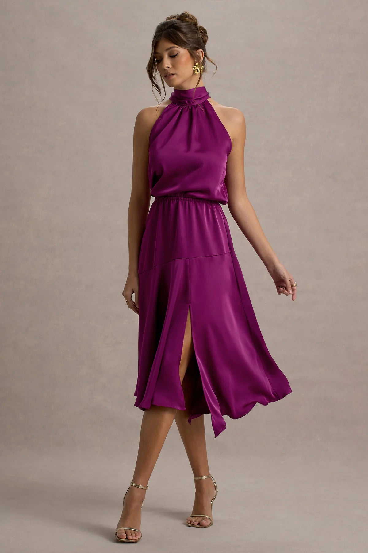 Alouro Dark Pink Satin High-Neck Midi Dress
