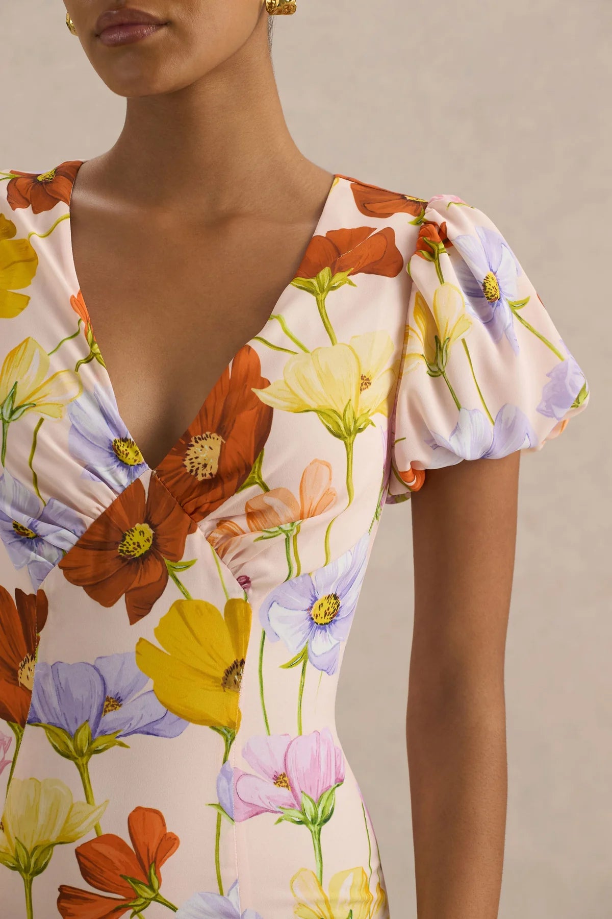 Alouro Bright Floral Puff-Sleeve Split Maxi Dress