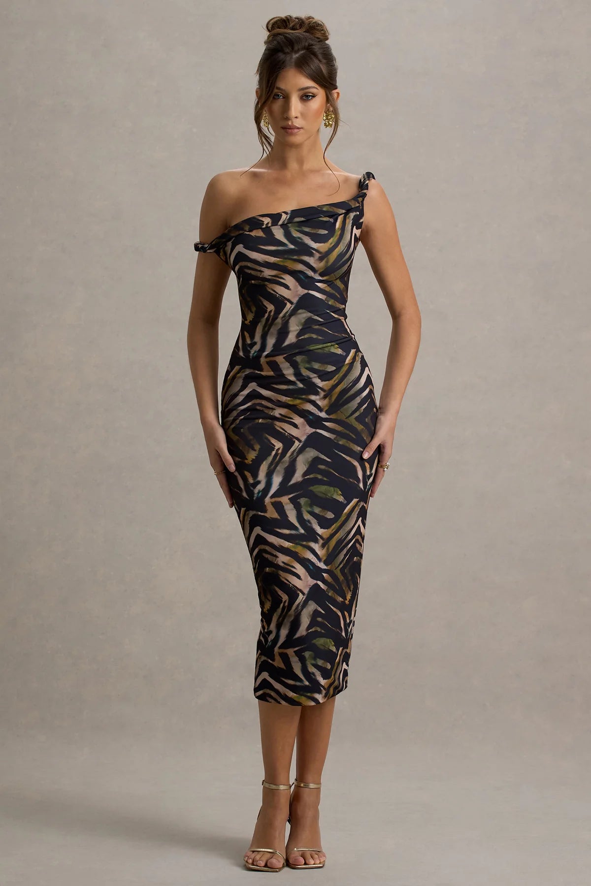 Alouro Black – Zebra Print Twisted Midi Dress