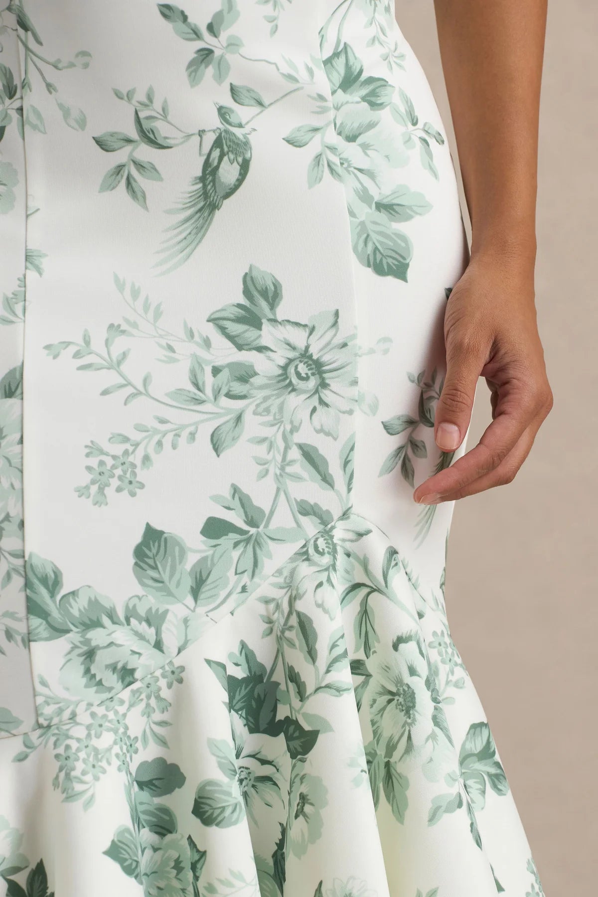 Alouro White – Green Floral High-Neck Midi Dress