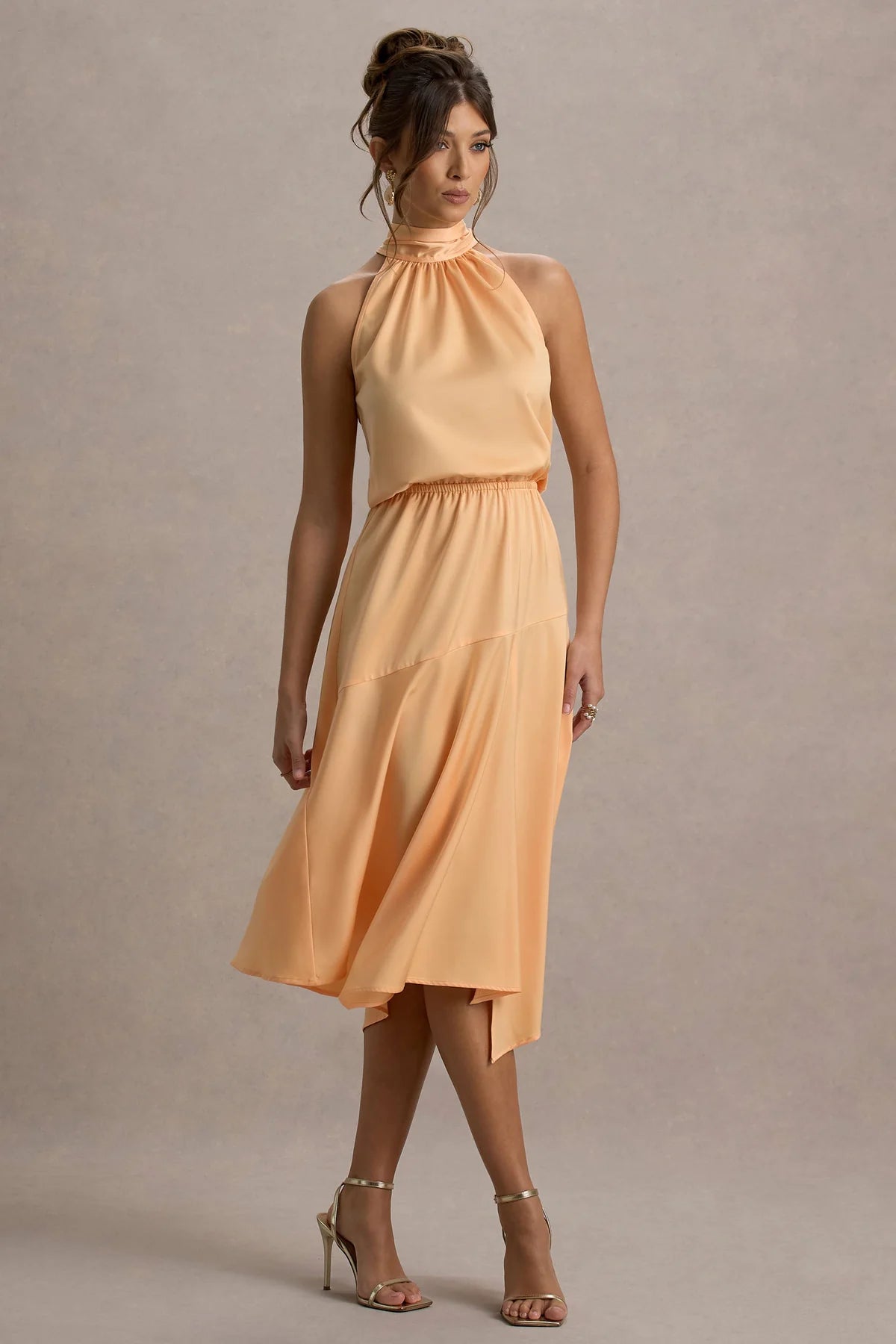 Alouro Peach Satin High-Neck Midi Dress