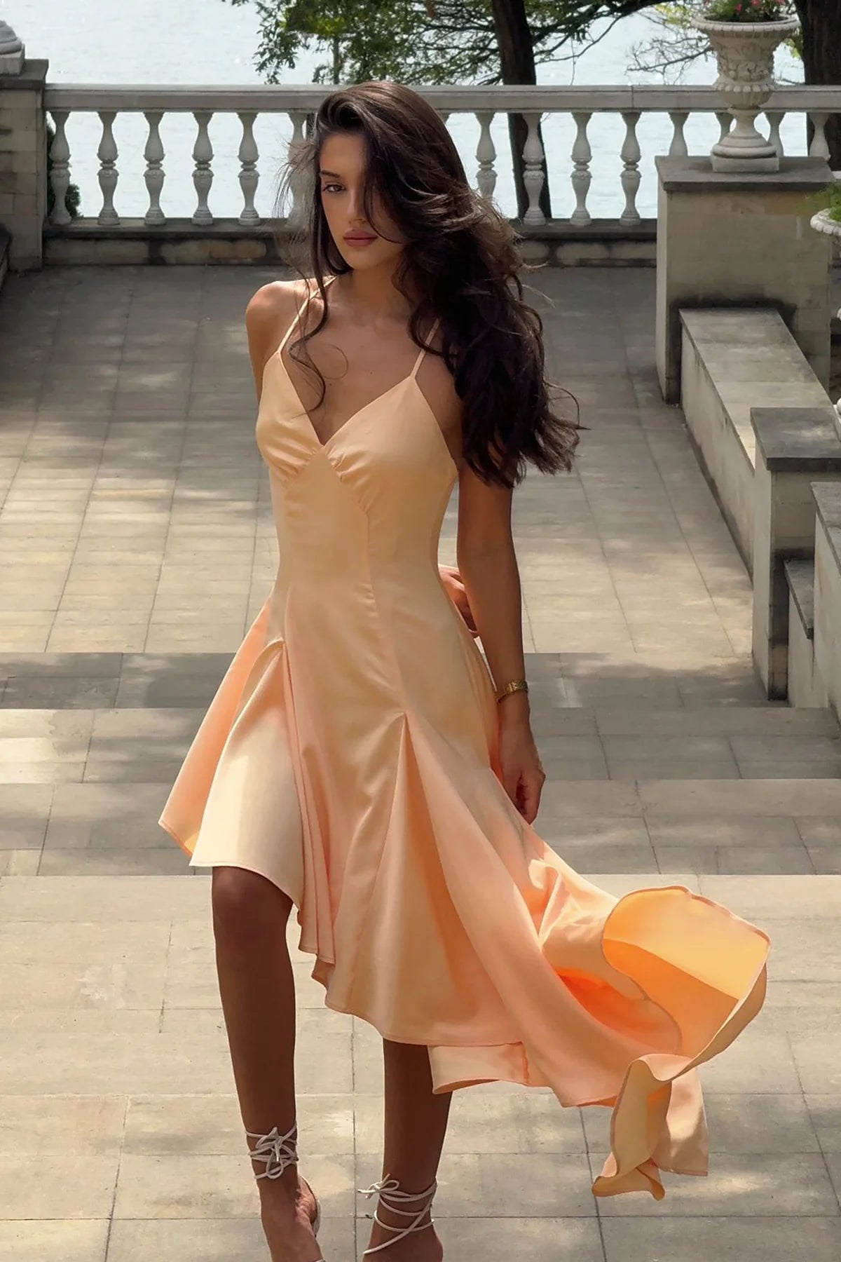 Alouro Peach Satin Hem Plunge-Neck Maxi Dress
